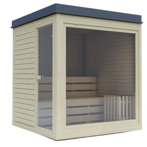 Világos fa kültéri finn szauna teljes panoráma üvegfronttal és dupla belső paddal.